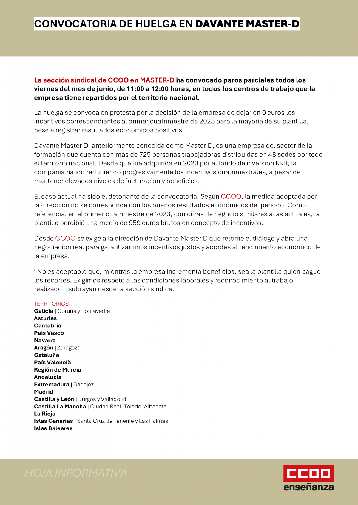 Convocatoria de huelga en Davante Master-D
