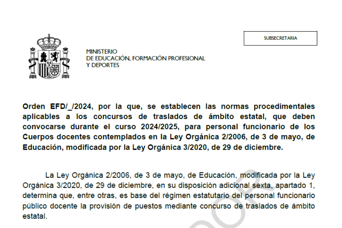 Borrador de Orden de normas procedimentales para el Concurso de Traslados de este curso