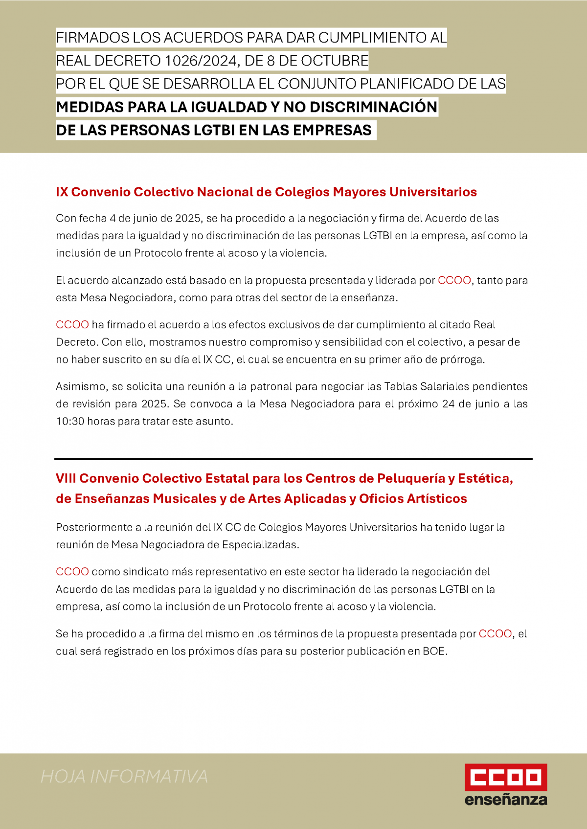 Firmados los acuerdos para dar cumplimiento al RD 1026/2024 de medidas para la igualdad y no discriminacin de las personas LGTBI en las empresas