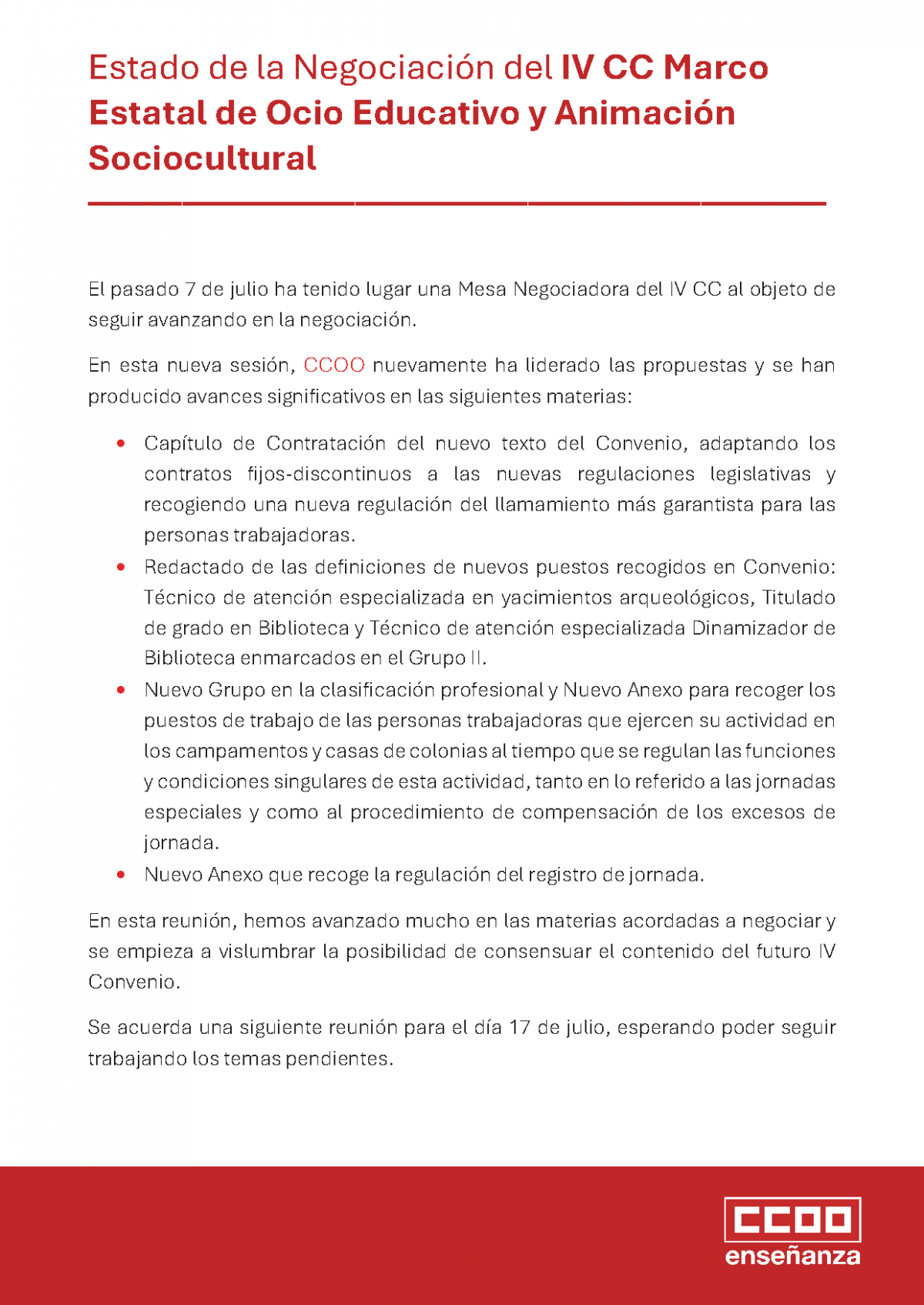 Estado de la Negociacin del IV CC Marco Estatal de Ocio Educativo y Animacin Sociocultural