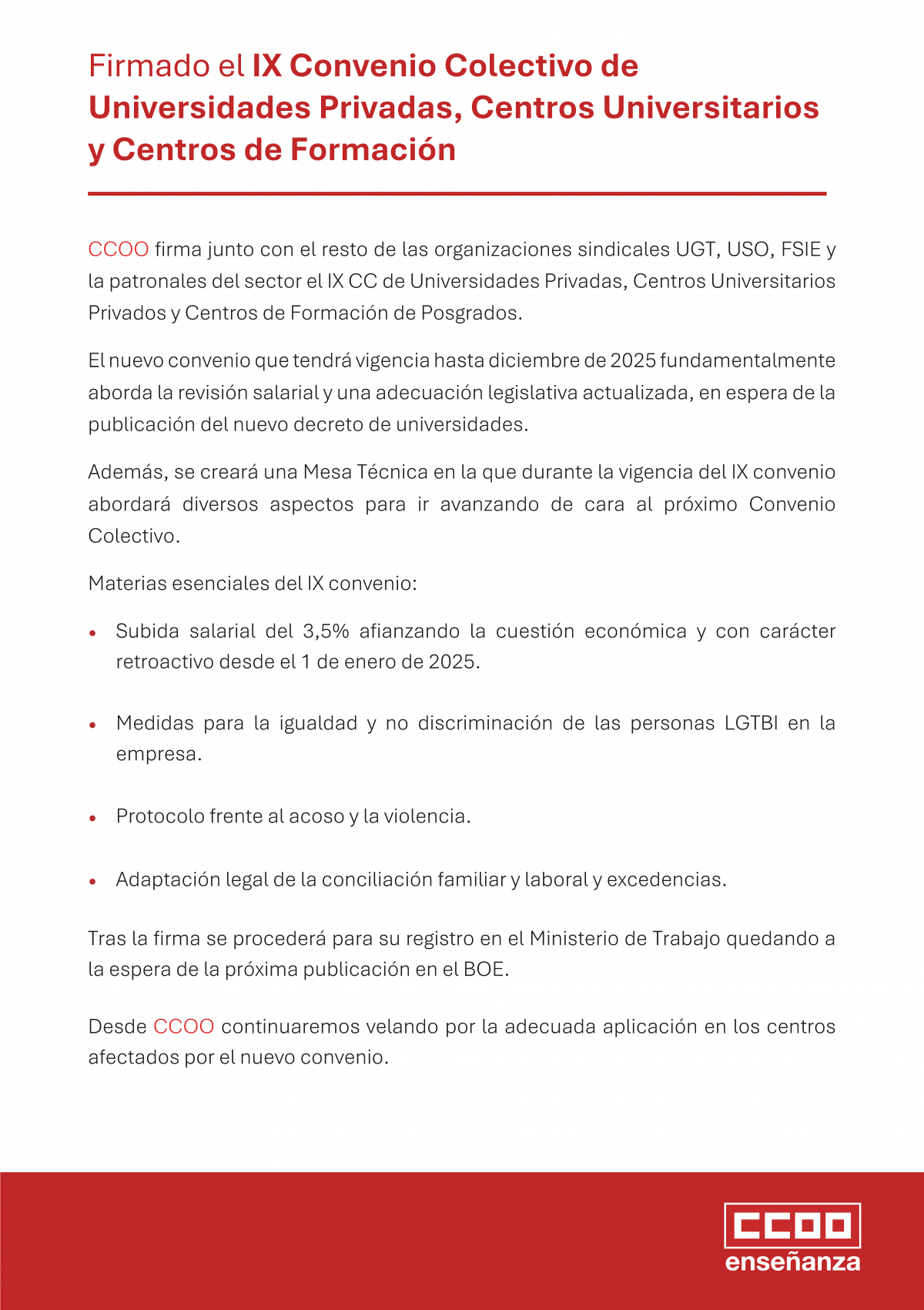 Firmado el IX Convenio Colectivo de Universidades Privadas, Centros Universitarios y Centros de Formacin