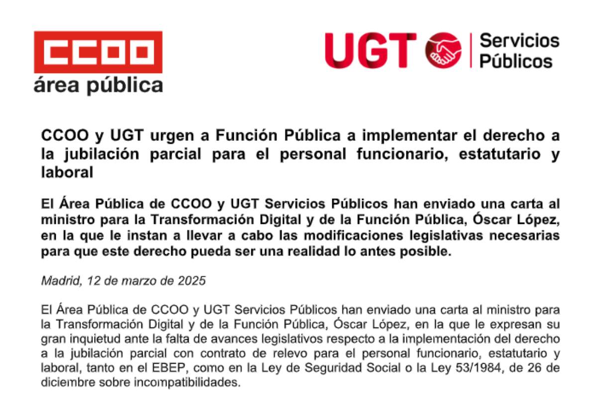 El rea Pblica de CCOO y UGT Servicios Pblicos solicitan una reunin a scar Lpez para hablar de este y otros asuntos