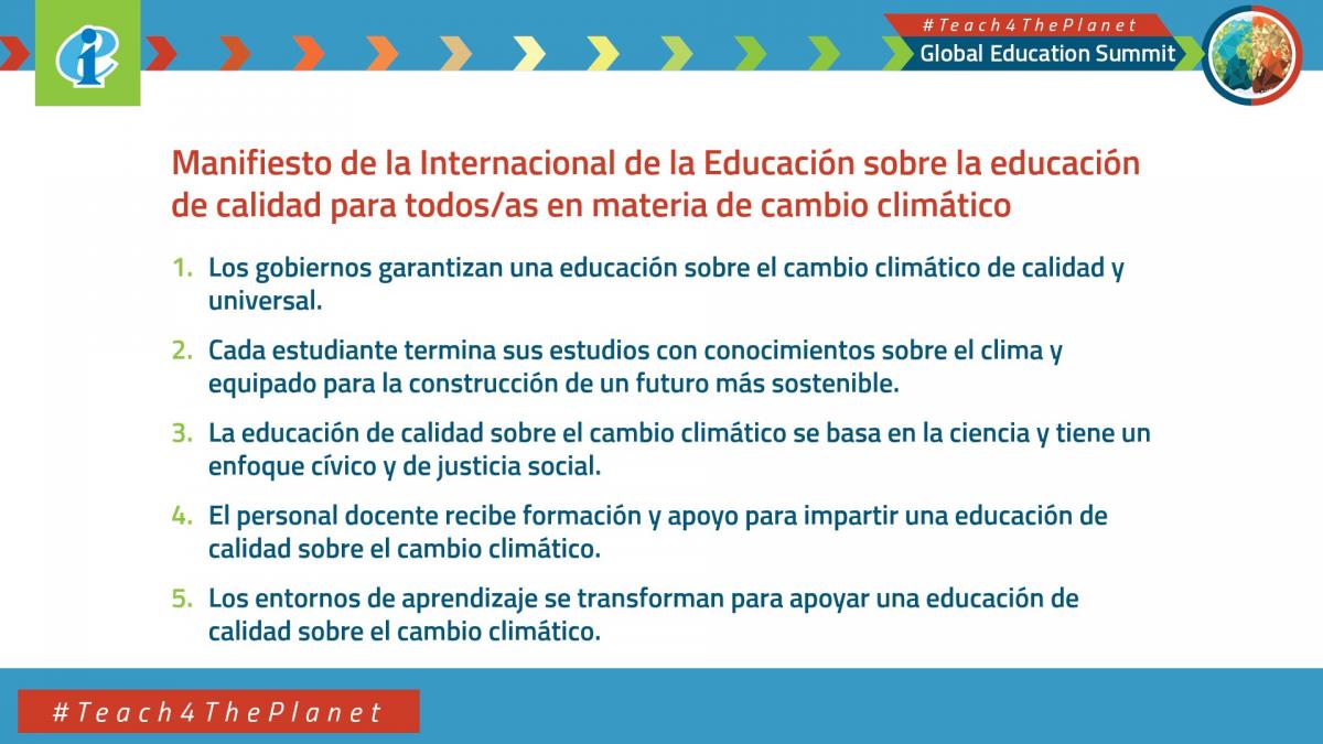 Manifiesto de la IE sobre la educación de calidad en materia de cambio climático